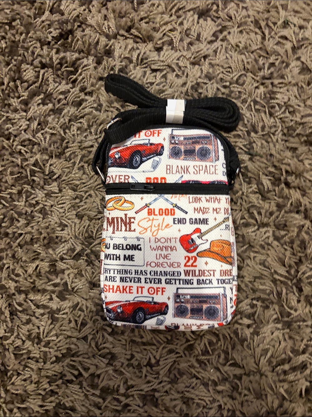 Printed Canvas Crossbody Phone Bag in Cream and Black